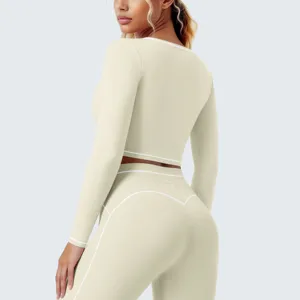Damen nahtlose Fitness Yoga Sportbekleidung Set Langarm Crop Top mit Kontrastbiesen Details.