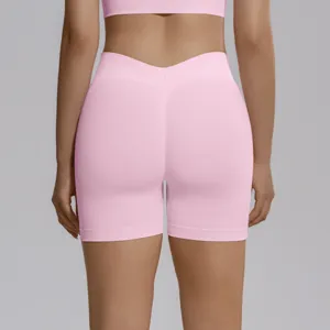 Seamless knit V-waist peach lift yoga shorts high waist tight fitness running shorts pink