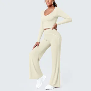 Nahtloses langärmliges Crop-Top und Schlag-Yoga-Set Sport Fitness Trainingsoutfit Damen