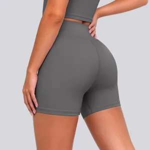 Detailed view of high waist yoga shorts, featuring stretchy breathable fabric for fitness.