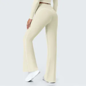 High-waisted contrast flared yoga pants, women's casual athletic running trousers detail view.