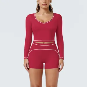 Women Color Block High Stretch Yoga Set Low Neck Long Sleeve Top And Bottom Fitness Shorts Running Gym Activewear