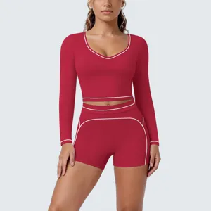 Red long sleeve crop top shorts yoga set contrast piping fitness activewear workout