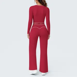 Rotes langarm Crop Top und Schlag Yoga Hosen Fitness Trainingsanzug Set für Damen