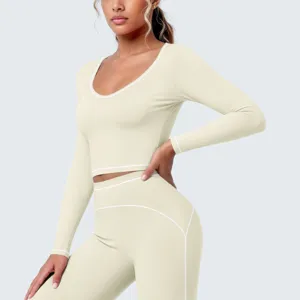Damen Kontrastbesatz Langarm Crop Top und Leggings Fitness Sport Yoga Set Detail.