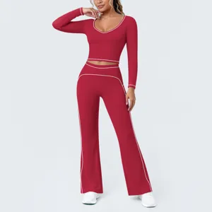 Damen Kontrastpaspelierung Yoga Top Und Hose Langarm V-Ausschnitt Crop Top Weites Bein Flare Hose Workout Gym Activewear