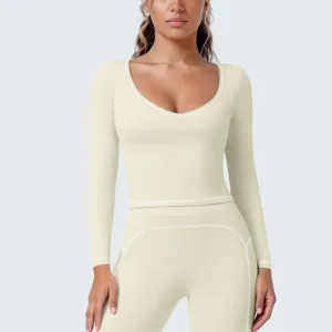 Damen Langarm Sportshirt mit kontrastierenden Paspeln für Yoga, Fitness und Lauftraining.