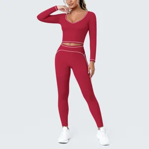 Red long sleeve crop top yoga set with white piping, seamless athletic gym fitness activewear.