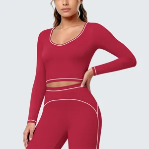 Damen langarm Sport Top und Leggings Set mit Kontrastpfeifen Fitness Yoga Bekleidung.