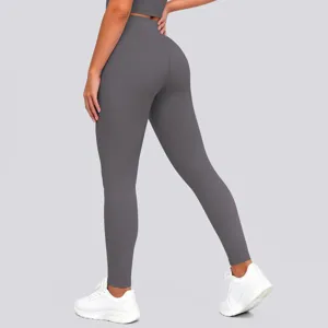 High waist solid color yoga pants, butt lifting fitness sportswear detail view showing fit.