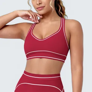 Contrastkleur geborstelde sport-bh, ademende u-rug fitness hardlopen yoga activewear top voor vrouwen.