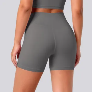 Back view detail of high waist yoga shorts, breathable stretchy fitness activewear shorts.