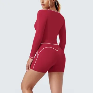 New cross-border contrast high-elastic low-collar long-sleeve shorts yoga set sports fitness