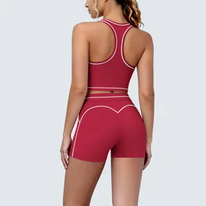 Contrast brushed racerback tight yoga set detail view, comfortable fitness activewear outfit.