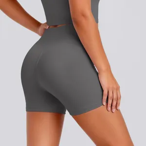High waist yoga shorts for women, dark gray stretch fitness gym running athletic booty shorts