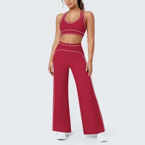 Completo da Yoga da Donna Molto Elastico con Blocco di Colore Reggiseno Sportivo Crop Senza Maniche e Pantaloni Lunghi a Gamba Larga