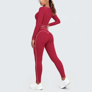 Red contrast piping long sleeve crop top leggings yoga set activewear fitness workout detail