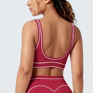 Dames contrast dubbele streep sportbeha achterkant detail, ademende fitness yoga kleding.