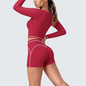 Red long sleeve crop top and shorts yoga set for women fitness athletic two piece workout outfit