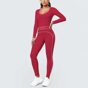 Red long sleeve crop top matching leggings yoga set activewear detail view fit sportswear