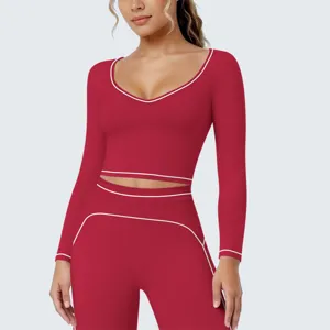 Rotes langärmliges Crop-Top passend zu Leggings Fitness Yoga Sport Set für Frauen