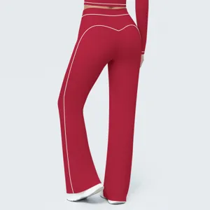 Detailed back view of high waist red flare yoga pants featuring contrast white piping design.