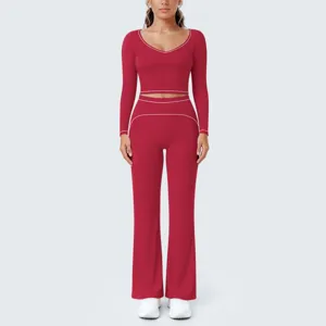 Damen rotes Kontrastpaspel Langarm Crop Top und weite Yoga Hosen Sportbekleidung Set.