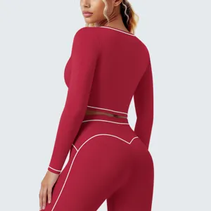 Rotes sportliches Langarm-Crop-Top und Leggings-Set für Damen Fitness Yoga Sportbekleidung.