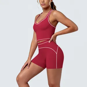 Red contrast piping yoga set activewear two-piece sports bra and shorts for gym workout.