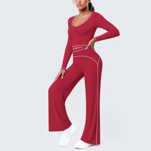 Rode yoga set crop top lange mouw wijde broek fitness hardlopen sportpak sportkleding
