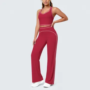 Ensemble sport femme haut court pantalon evase yoga liseré contraste fitness entrainement