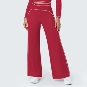 Women high waist contrast piping wide leg athletic pants red sports yoga trousers detail view