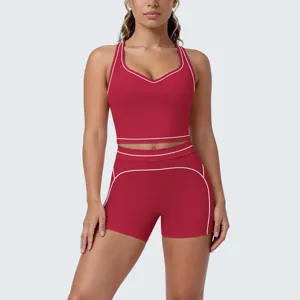 Women's Color Block Racerback Yoga Set Brushed Tight Sports Vest And Shorts Running Fitness Top And Bottom