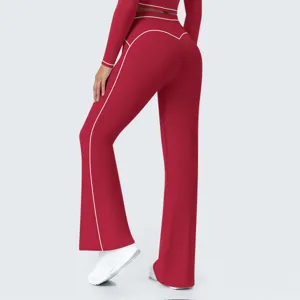 Detailed view of women high waist contrast piping wide leg yoga pants in red color.