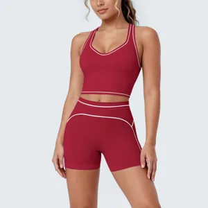 Women two piece workout yoga set activewear red crop tank top and athletic fitness shorts.