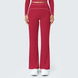 Red high-waist flared yoga pants with white piping detail, perfect for fitness and casual wear.