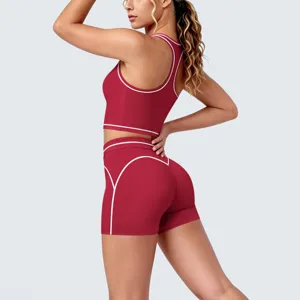Women red contrast piping racerback sports bra and high waist fitness yoga shorts set