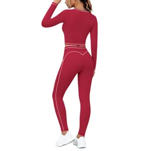 Women contrast color brushed long sleeve crop top and leggings activewear yoga set fitness gym