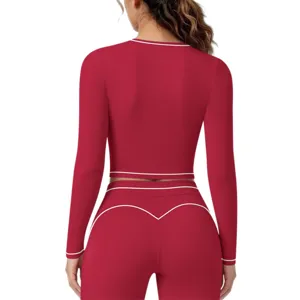 Damen Kontrast Biese Langarm Sport Crop Top und Activewear Fitness Yoga Trainingsanzug