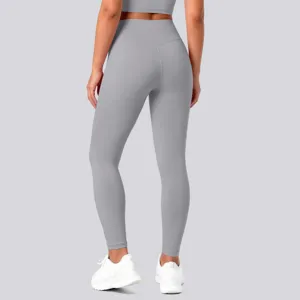 High-waist seamless yoga pants detail showing back fit and elastic stretch material.