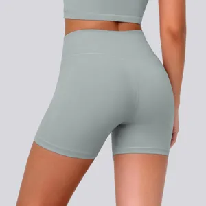 High-waisted high-stretch nude-feel yoga shorts back view detail showing slim fit activewear.
