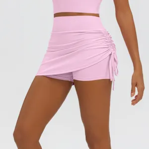 Pink high-waist ruched fake two-piece yoga skirt for active sports, running, and gym fitness.