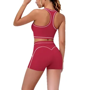 Women's Contrast Trim Yoga Set Ribbed Activewear Workout Fitness Two-Piece Outfit