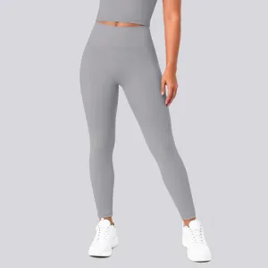 Grey high waist seamless yoga leggings set with crop top and sneakers for fitness running gym.