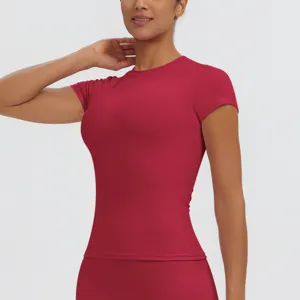 Slim fit short sleeve dry fit yoga t-shirt for women, ideal for running and fitness workouts.