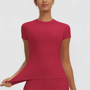 Detail view of red quick-dry sports fitness short sleeve t-shirt for women running
