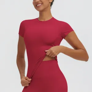 Women's red short sleeve slim yoga top quick drying fitness athletic t-shirt for running.