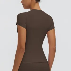 Women's short sleeve quick-dry yoga top slim fit fitness running athletic t-shirt brown