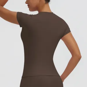Women's slim fit short sleeve dry fit yoga t-shirt back view, breathable activewear top.