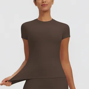 Women's slim-fit short sleeve athletic t-shirt, stretchy fabric detail showing elasticity.